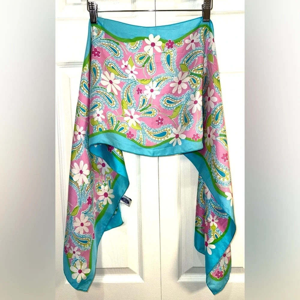 Lilly Pulitzer for Ford Silk Scarf Paisley Floral Pink Blue BCA